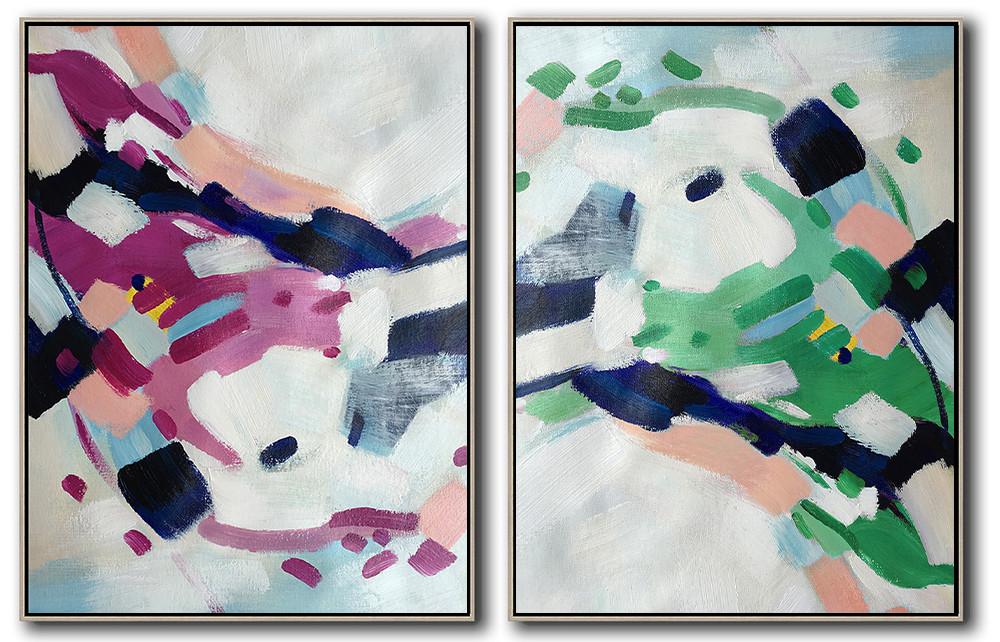 Huge Abstract Painting On Canvas,Set Of 2 Abstract Painting On Canvas,Living Room Canvas Art,White,Pink,Purple,Green,Dark Blue.etc